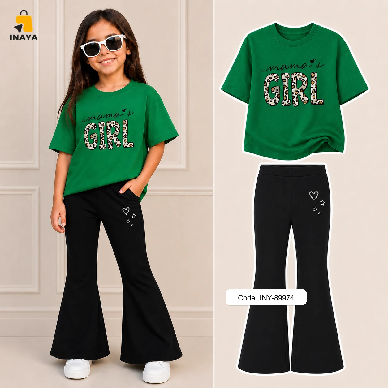 Green Mama's Girl Leopard Long Set