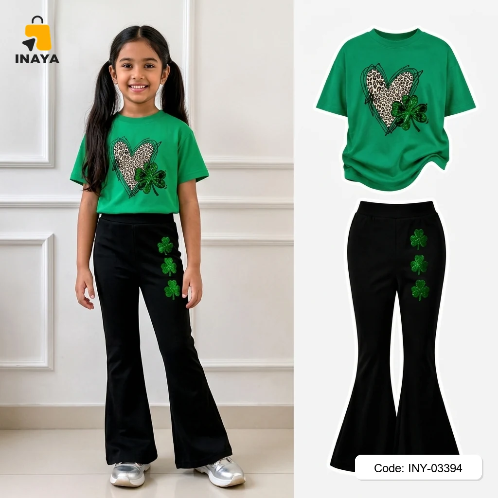 Green Leopard Heart Shamrock Long Set