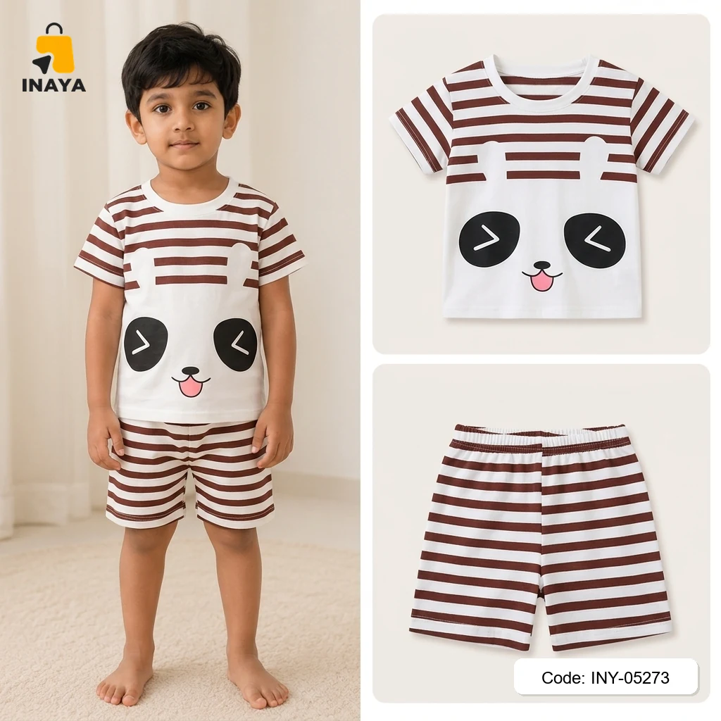 White Brown Stripes Panda Face Baby T-Set