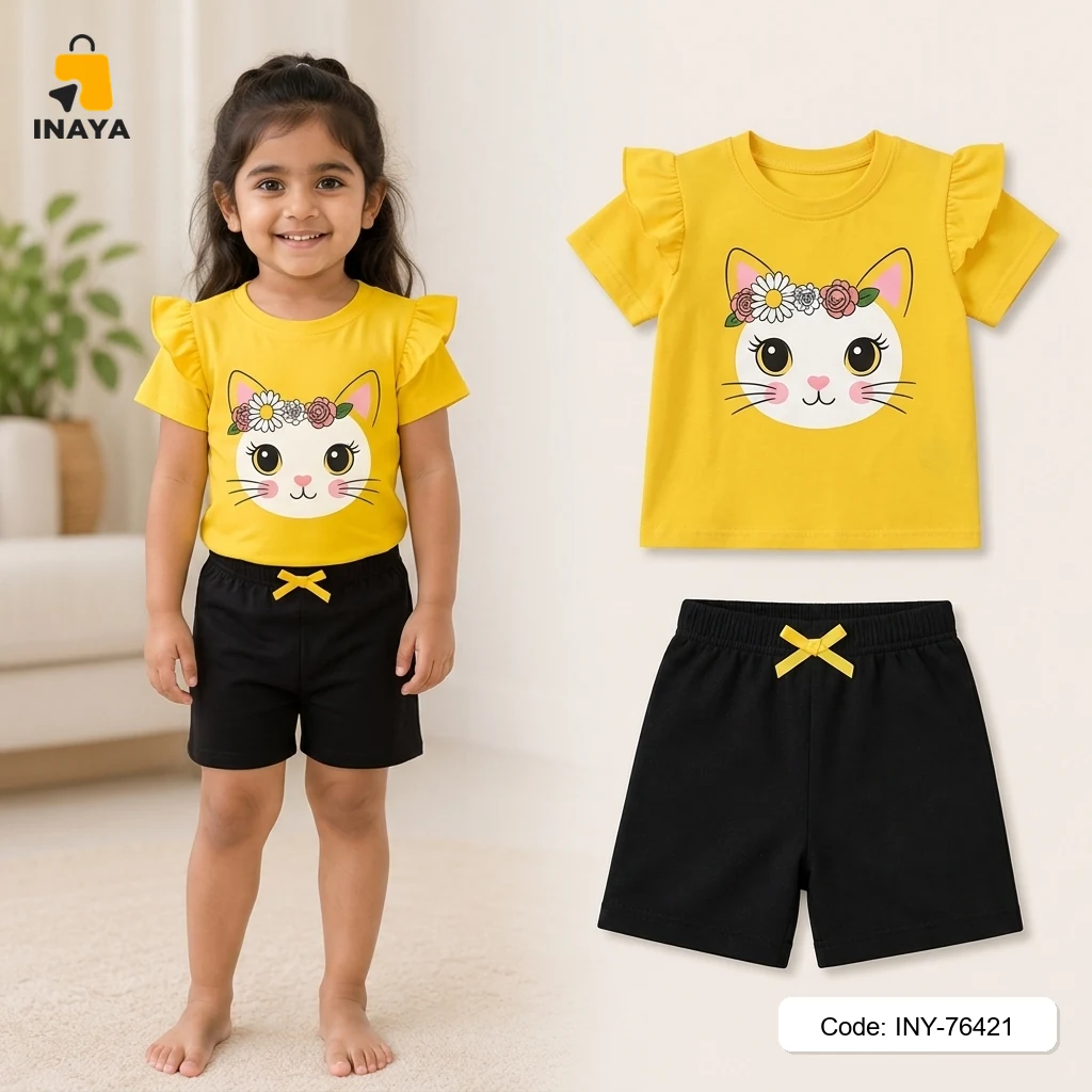 Yellow Flower Crown Cat Baby T-Set
