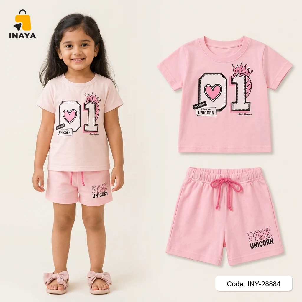Pink 01 Unicorn Heart Baby T-Set