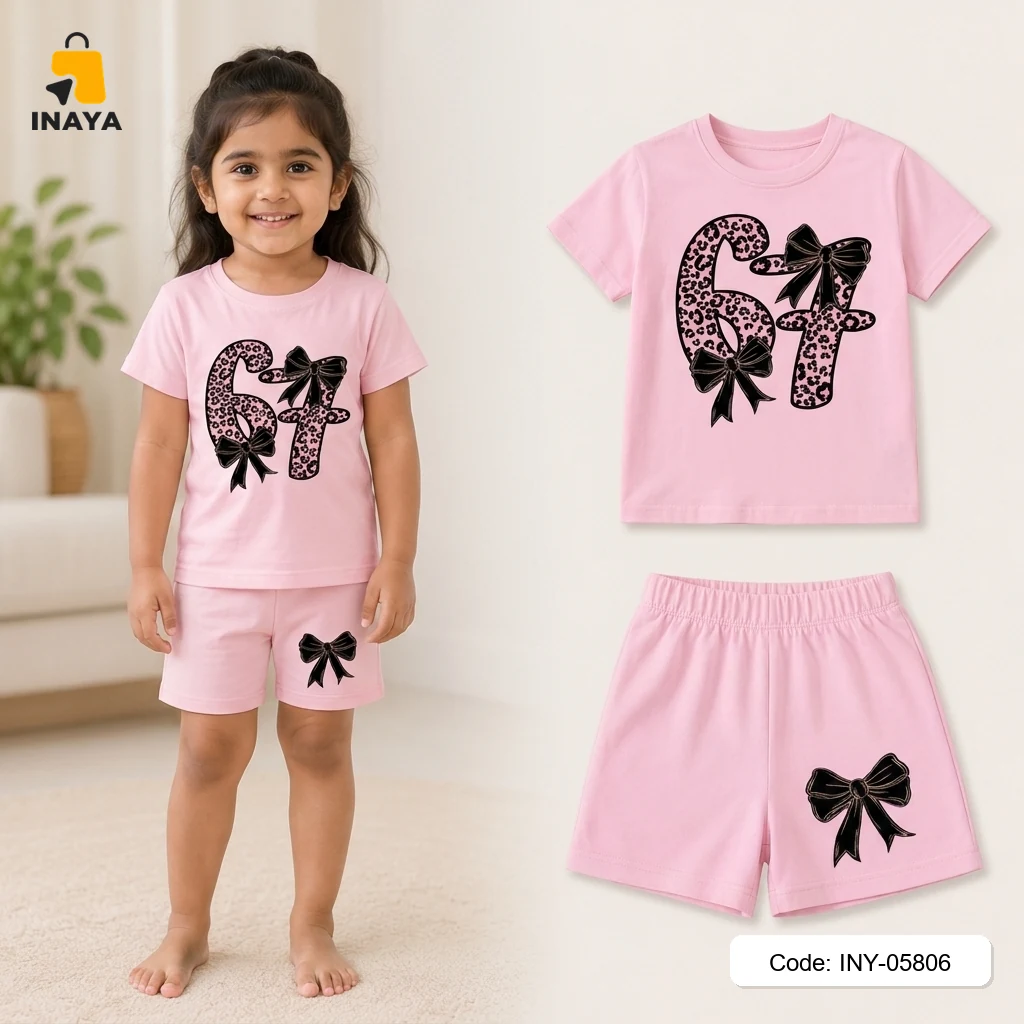 Pink 67 Leopard Bow Baby T-Set