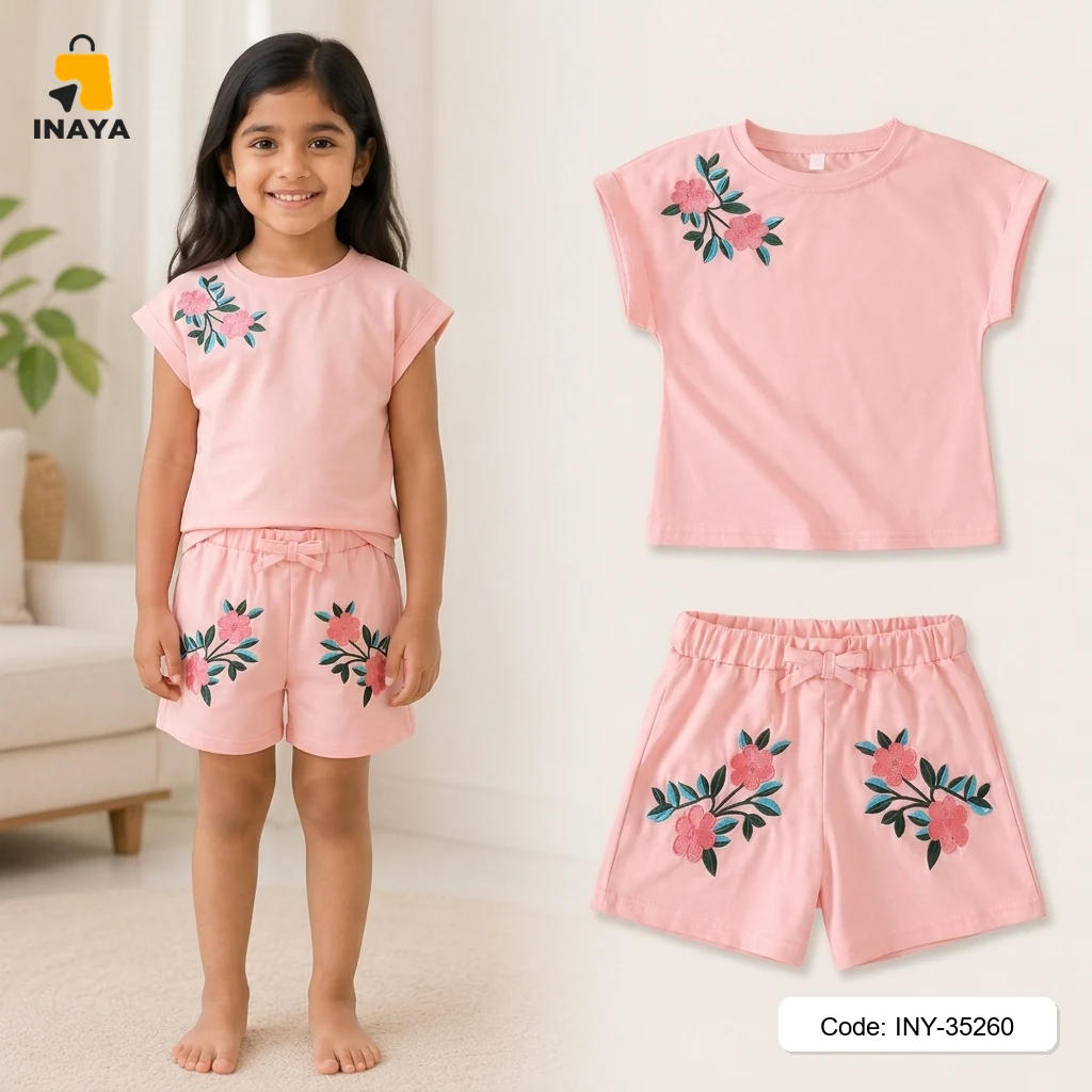 Pink Floral Embroidery Baby T-Set