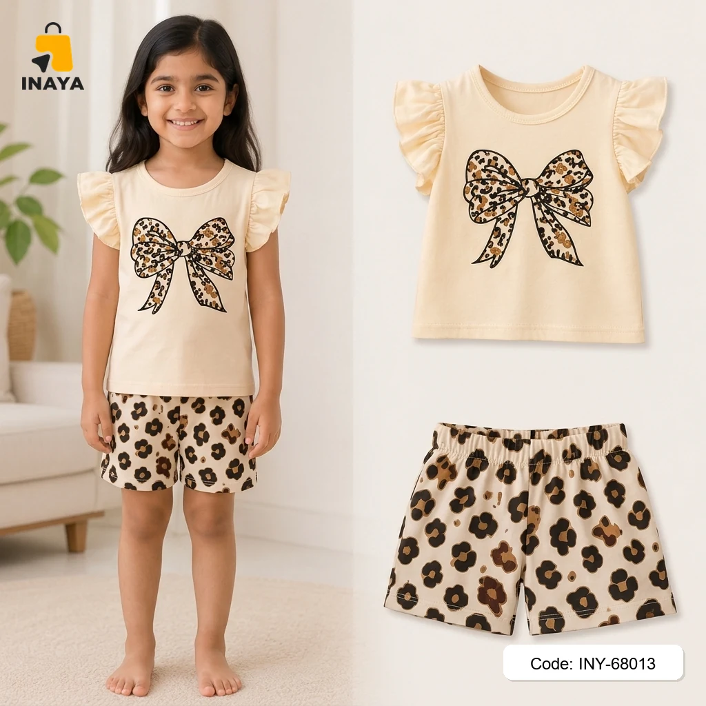 Cream Leopard Print Bow Baby T-Set