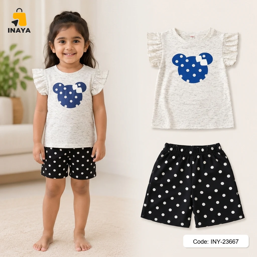 Light Grey Blue Polka Dot Bear Baby T-Set