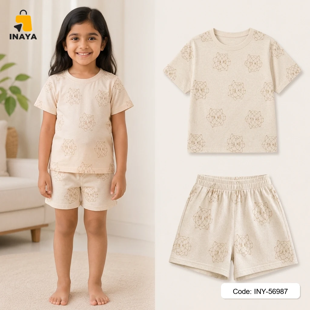 Cream Gold Outlined Flowers Baby T-Set