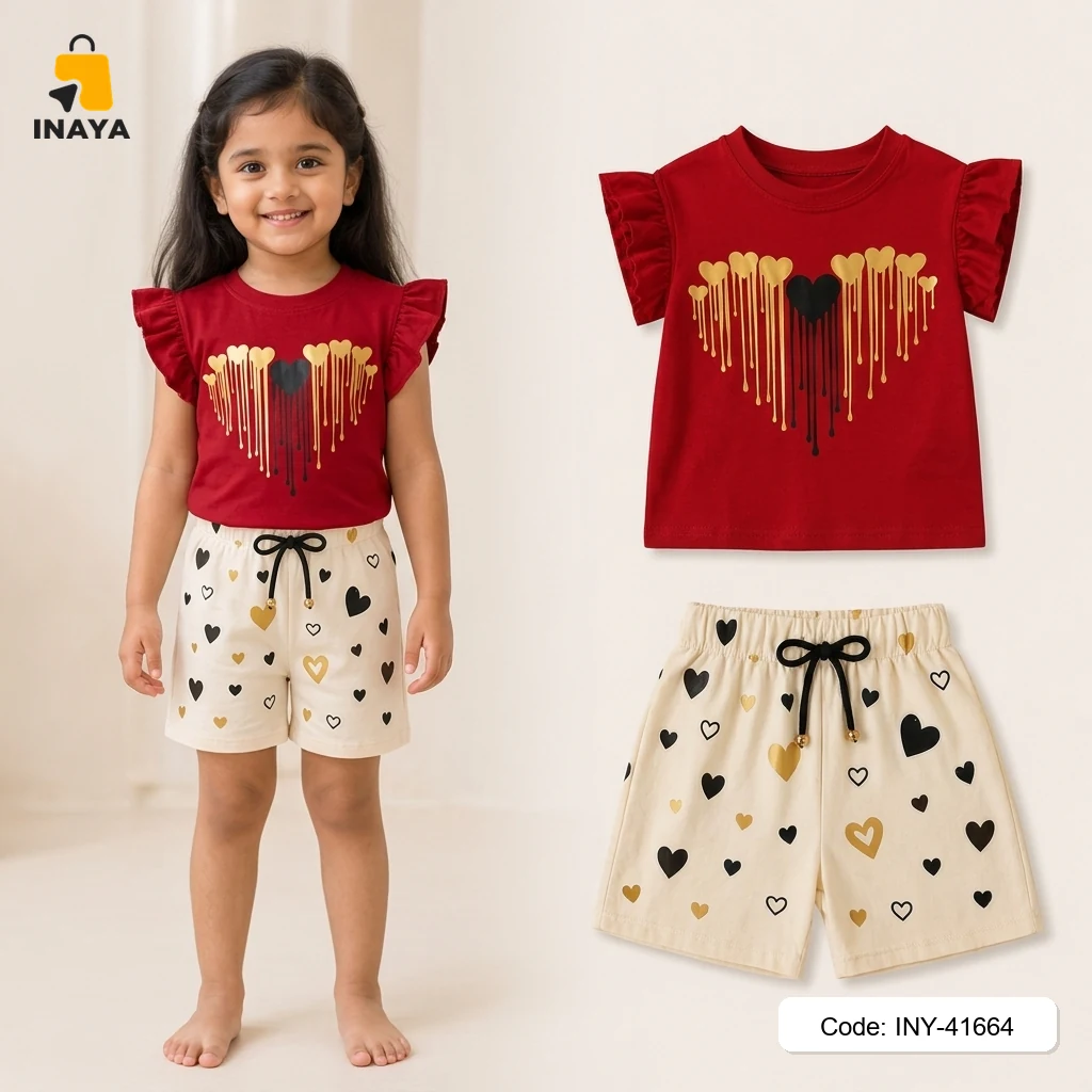 Maroon Dripping Gold Heart Baby T-Set
