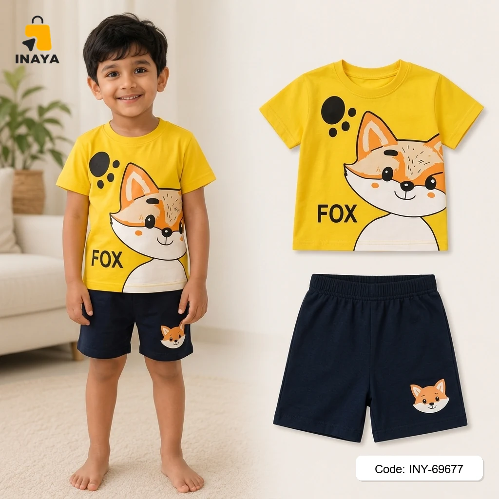 Yellow Cute Fox Baby T-Set